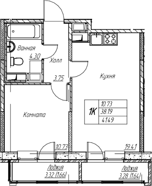 1-комнатная квартира 41.49 м², 18/22 эт., ЖК «Парк-квартал Юнтолово»